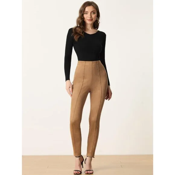 Brown High-Waisted Stretch Leggings in Faux Suede - Perfect for Work & Play